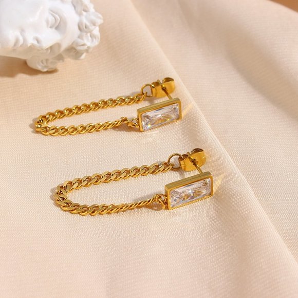 Zircon Chain Earrings With 18K Gold Plated Stainless Steel Waterproof - Picture 3 of 7